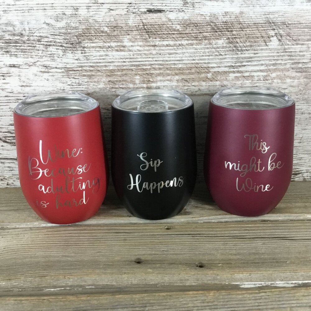 Set of 3 Stemless Wine Tumblers with Lids, Funny Wine Sayings, Laser Engraved